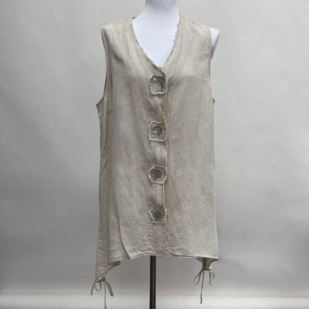 La Fixsun Women's V-Neck Top Small Beige Sleeveless 100% Linen‎